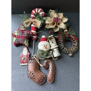 Christmas Farmhouse Ornament Bundle Snowman Santa Plaid Snowflake Whimsy Set 9